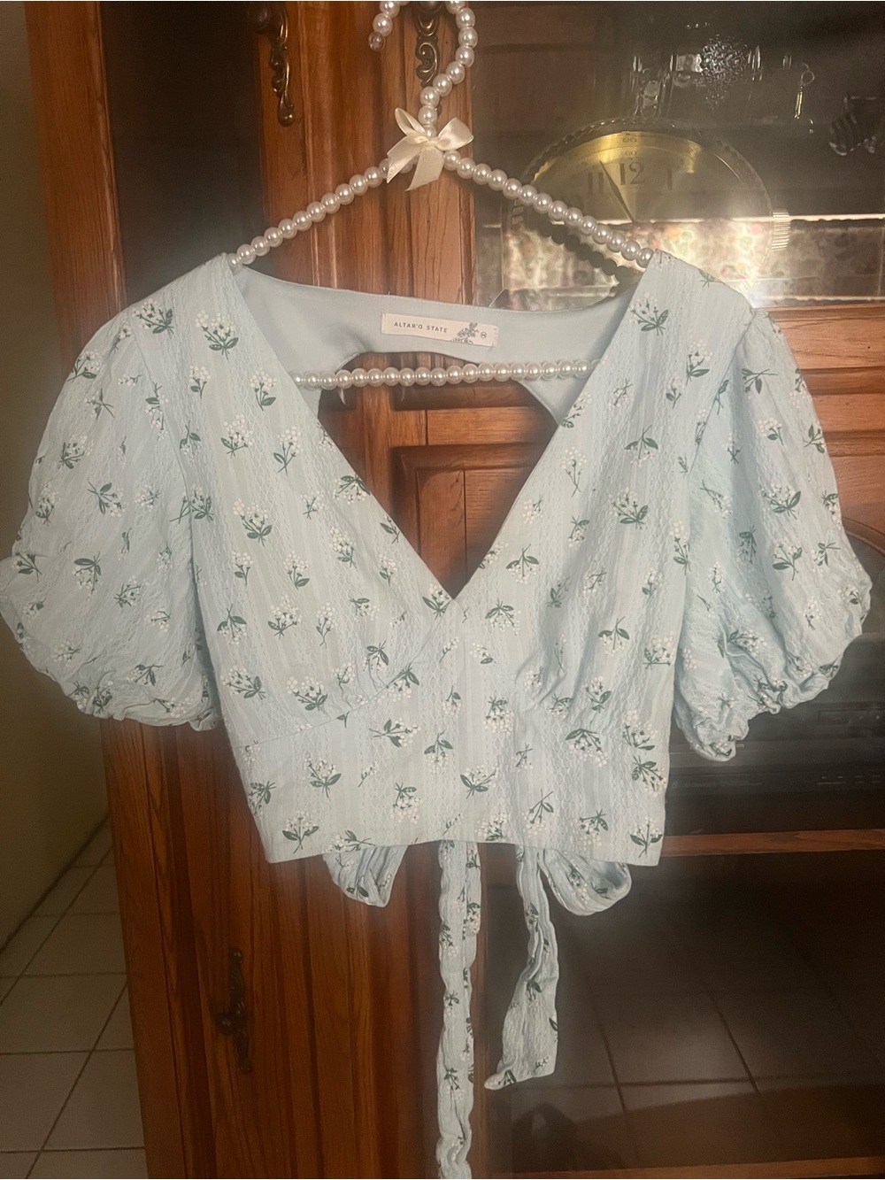 Altar'd State Pale Blue Floral Tie-Front Crop Top
